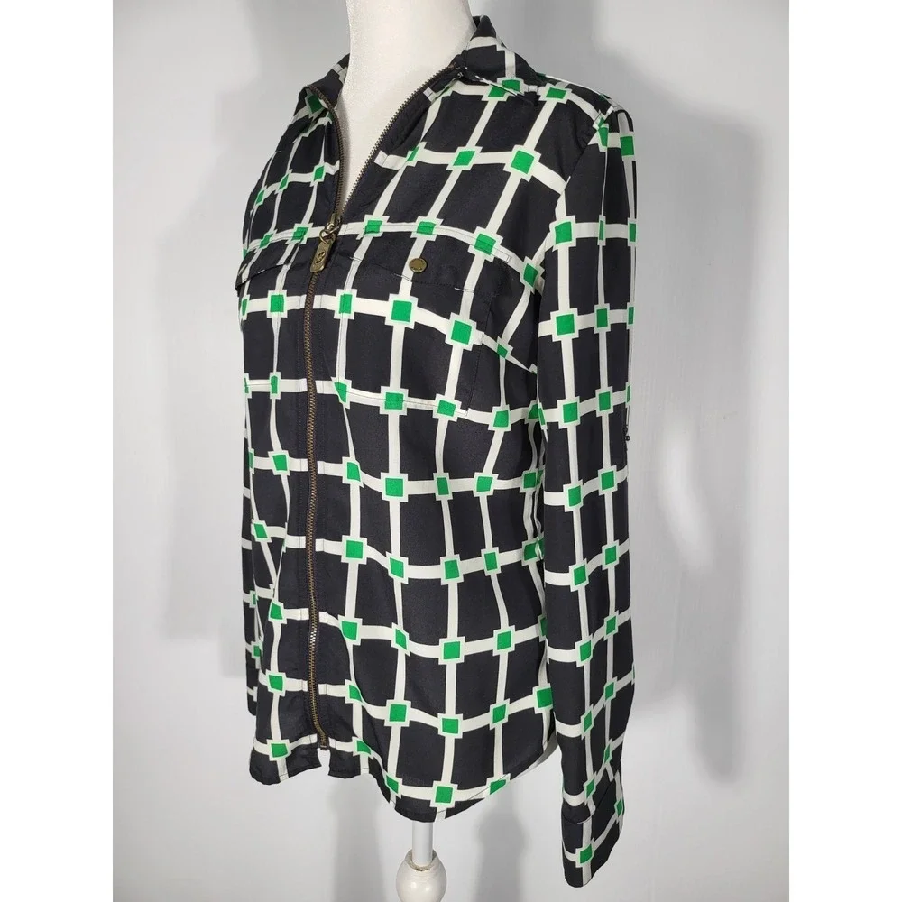 Michael Kors Womens Geometric Grid Full Zip Blouse Navy Green Long Sleeve Size S